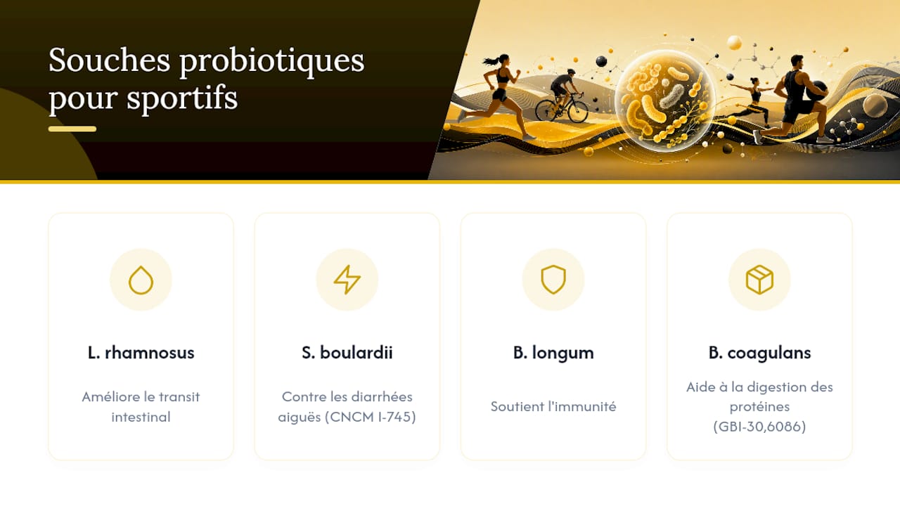 Infographie comparative de 4 souches probiotiques pour les sportifs