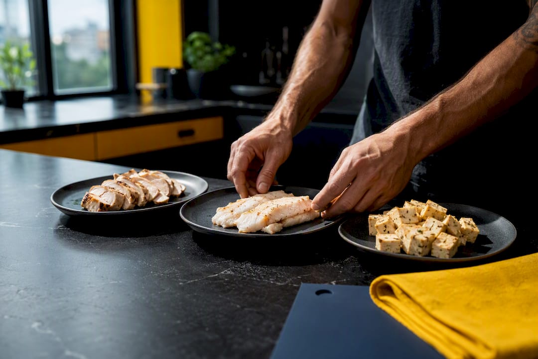 Portions de protéines réparties sur trois assiettes