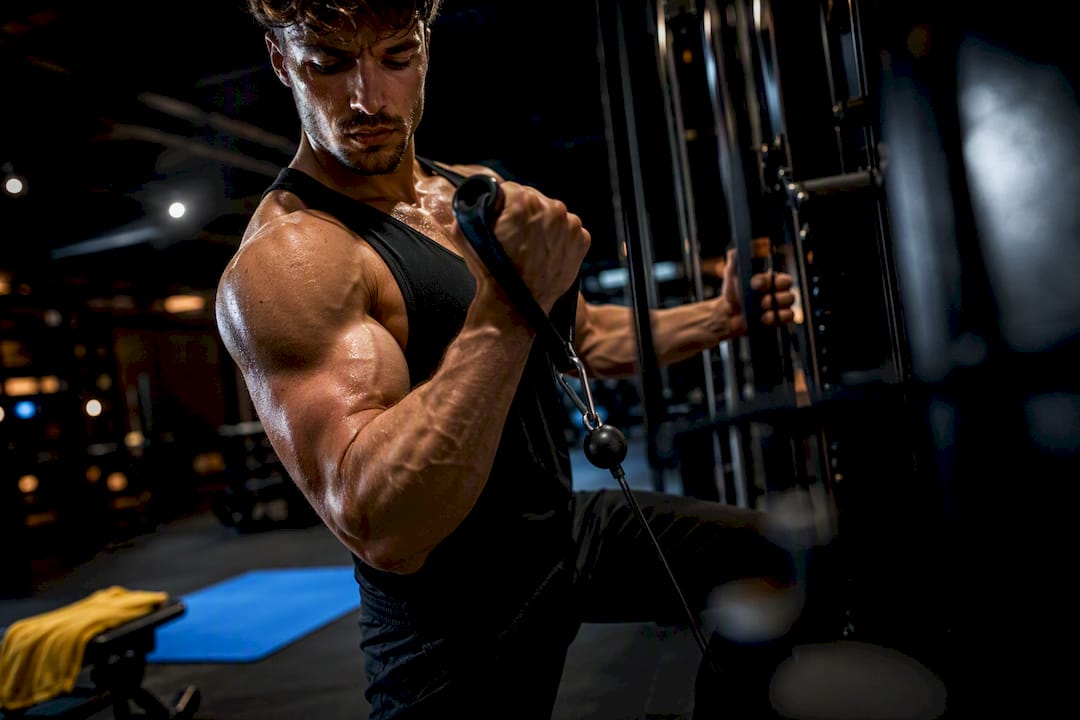 Personne en train de faire des curls avec les muscles bien gonflés