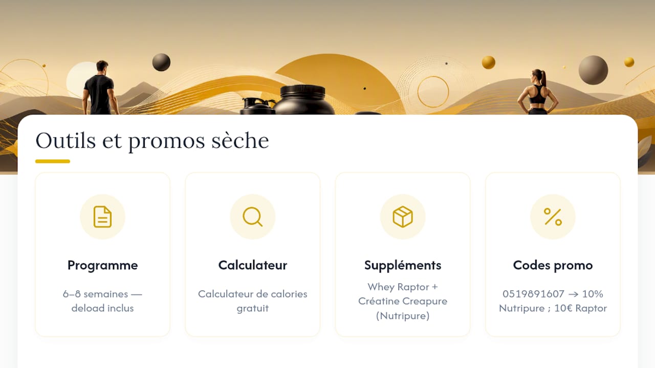 Offre pratique : programmes, calculateurs et codes promo pour ta sèche — overview diagram