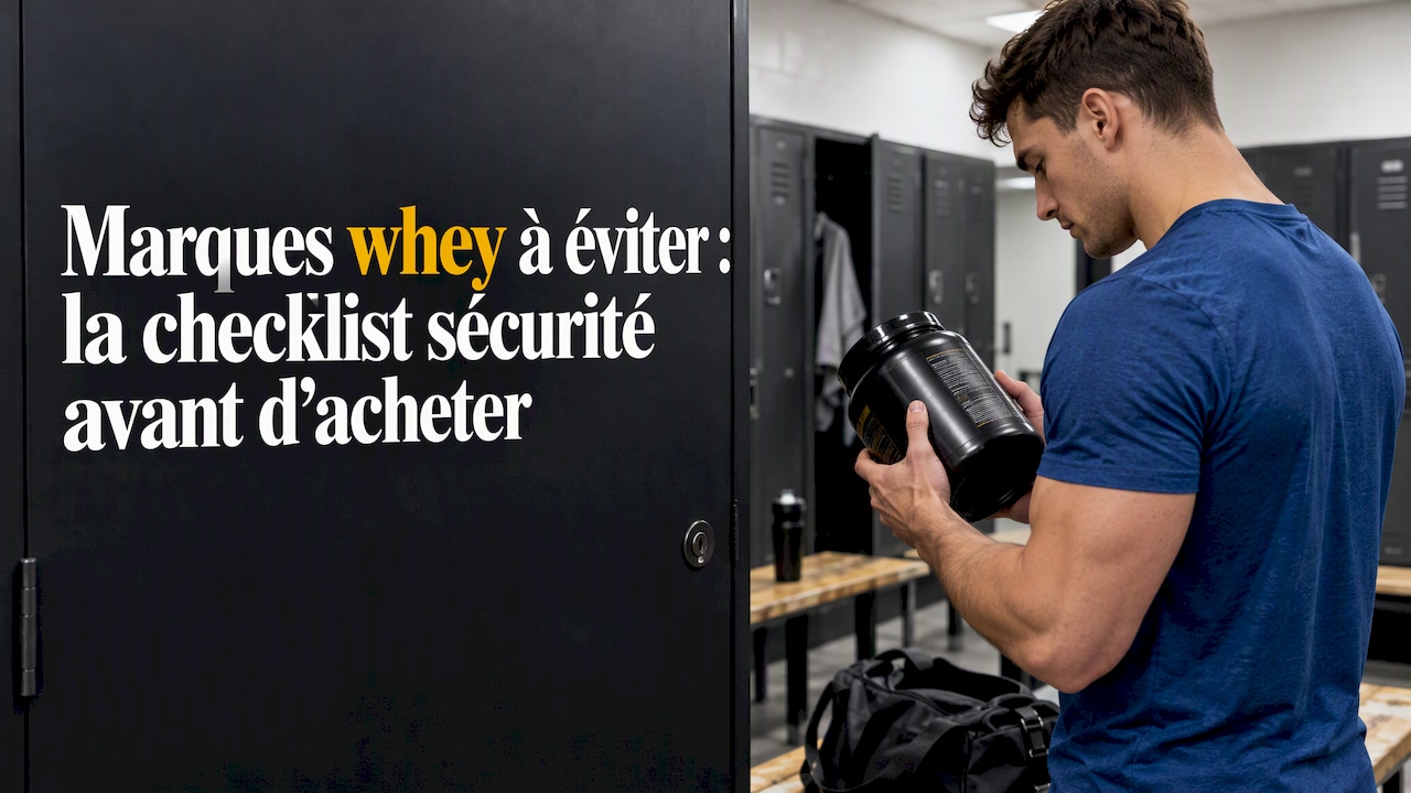 Un pratiquant de sport examine l’étiquette d’un pot de whey