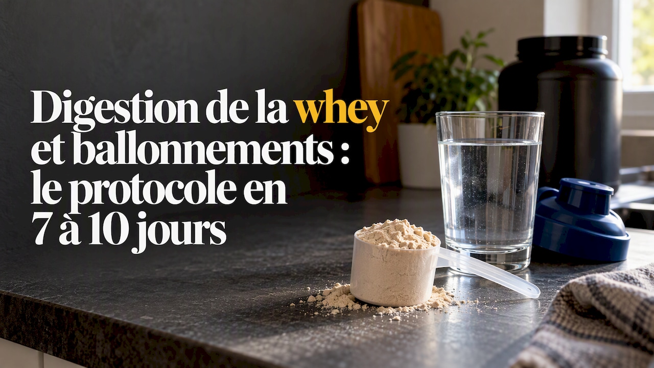 Une dose de whey et un verre d'eau posés sur un comptoir